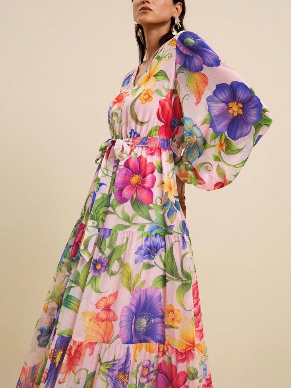 Multicolor Boho Women's V-Neck Long Sleeve Cinched Waist Tropical Floral Dress - Picture 4 of 8